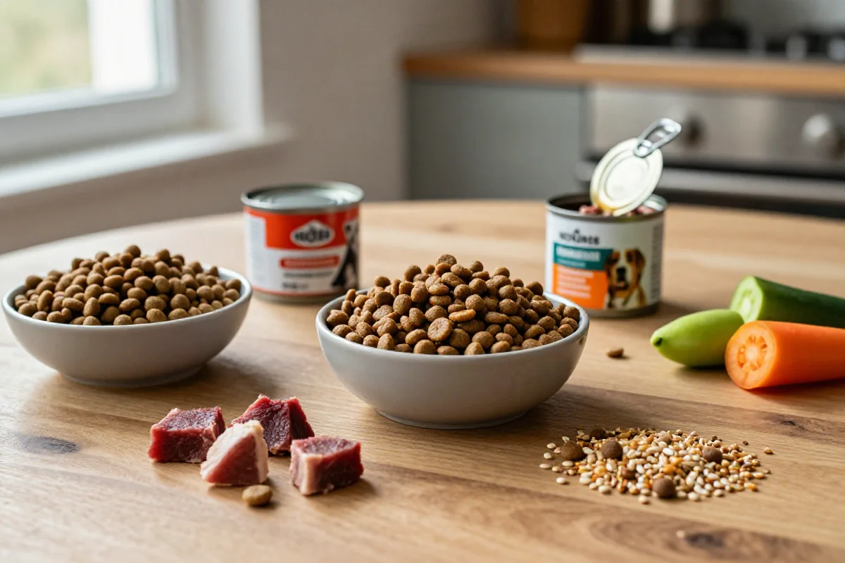 Nærbilde av hundemat ingredienser på kjøkkenbordet, inkludert tørrfôr og våtfôr.