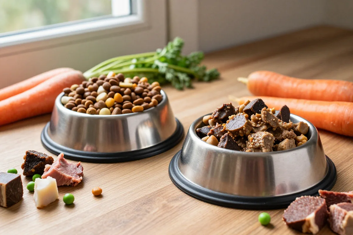Hundemat i skåler med ferske ingredienser for aktiv og mindre aktiv hund.