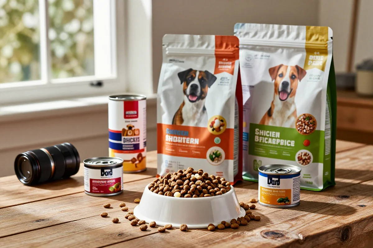 Variert hundemat med kibble, våtfôr og ingredienser på et bord.
