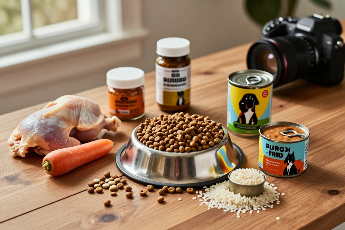 Variert hundemat og ingredienser for optimal energibalanse på et trebord.