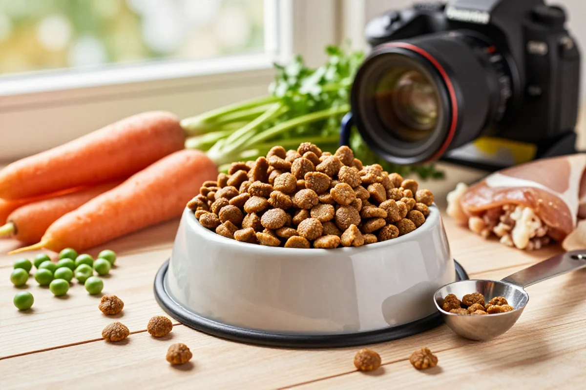 Hundemat for små raser med høy energibehov, inkludert kibble og friske ingredienser.