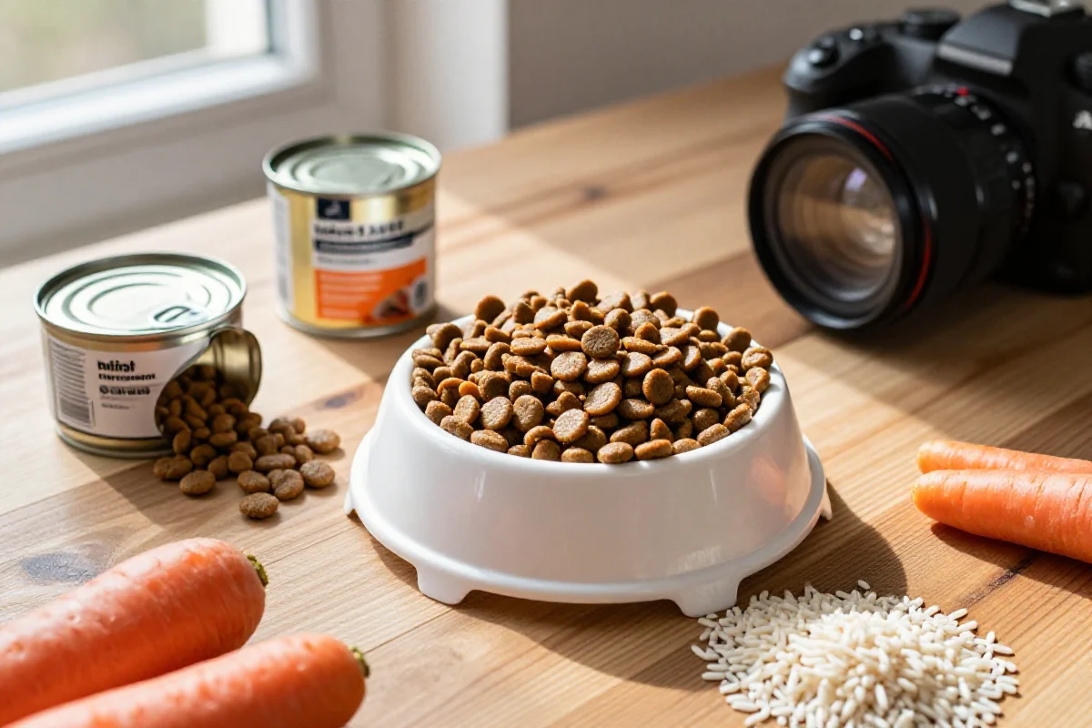 Fotorealistisk bilde av hundemat og ingredienser for hundens ernæring.