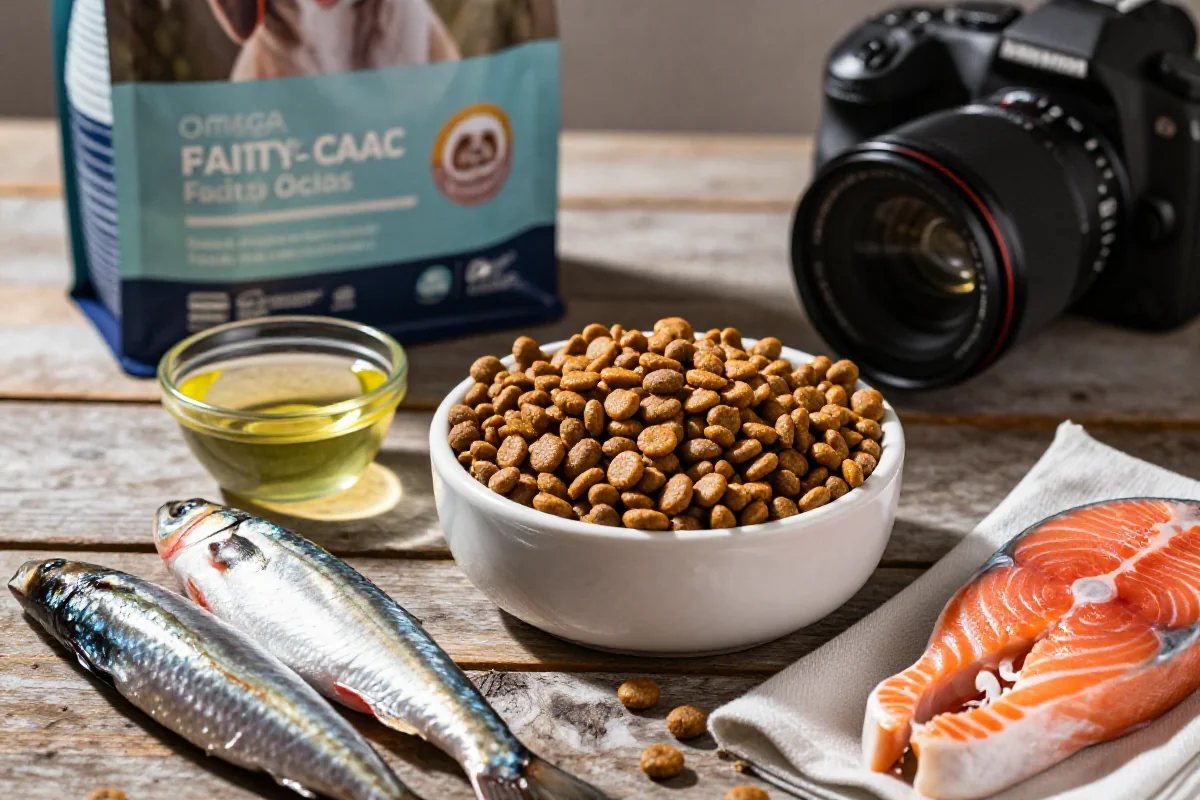 Hundefôr ingredienser med omega-3 fettsyrer, inkludert fiskeolje og tørrfôr.