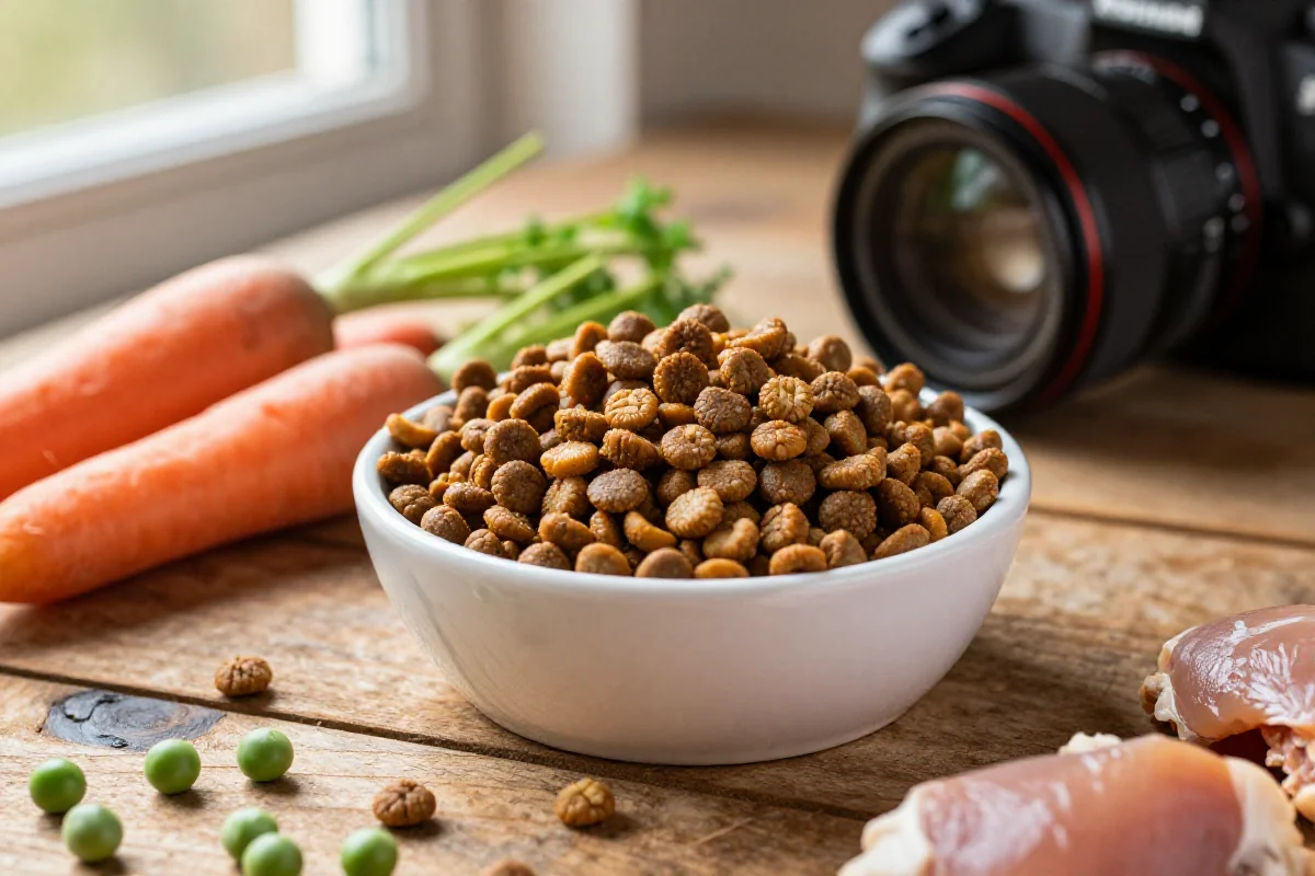 Hundemat av høy kvalitet med ferske ingredienser og en skål på bordet.