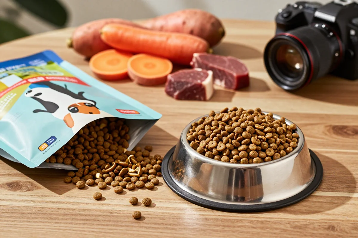 Hundefôrprodukter og ingredienser på et trebord for hundernæring.