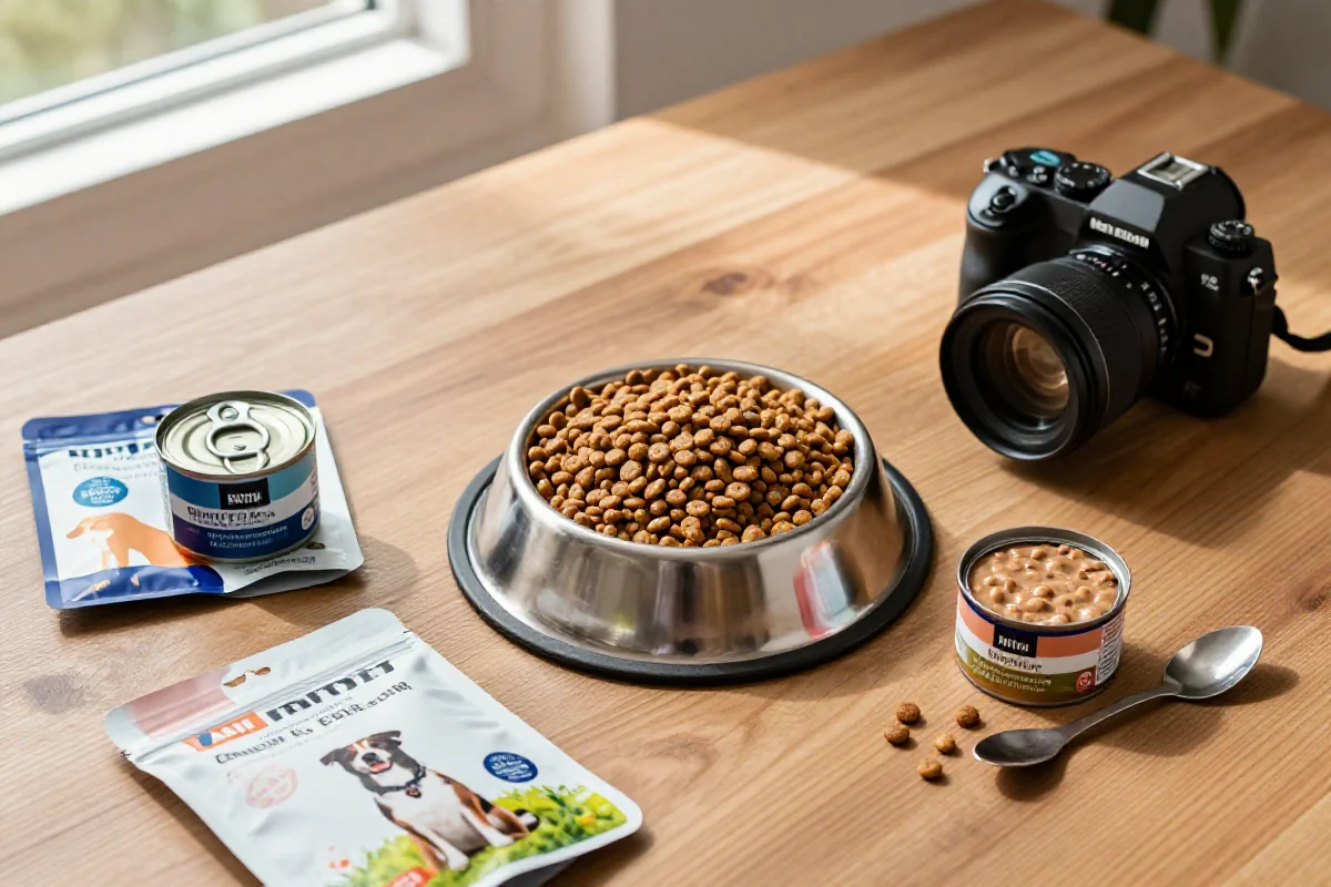 Variert hundemat som kibble, våtfôr og kosttilskudd på bordet.