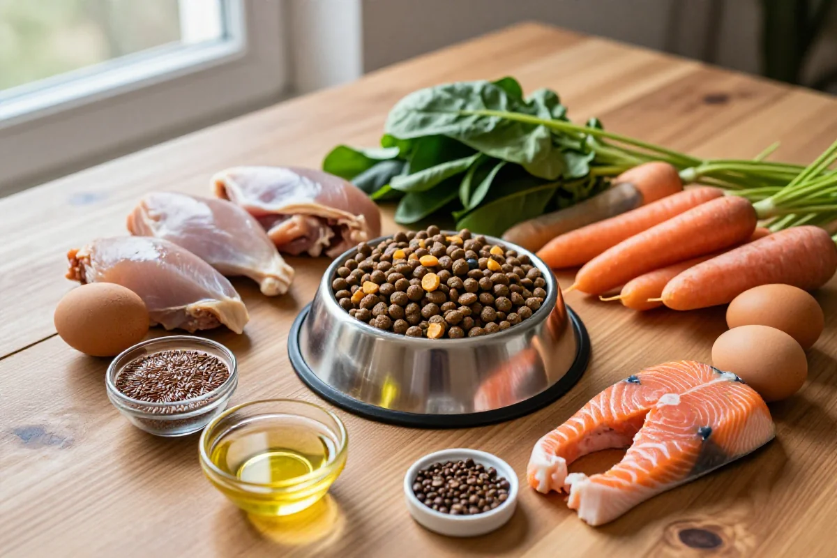 Hundemat med ingredienser for sunn pels: kibble, fisk, grønnsaker, og oljer.