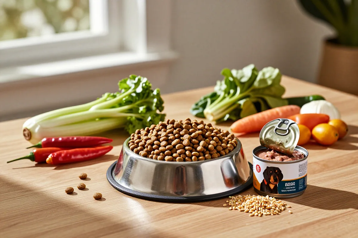 Variert hundemat med tørrfôr, våtfôr og friske ingredienser for hunder.