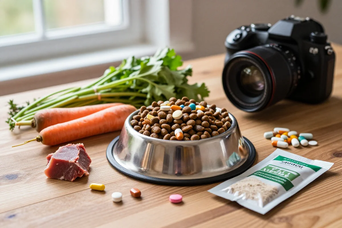 Hundeernæring med høy kvalitet hundemat og friske ingredienser på bordet.