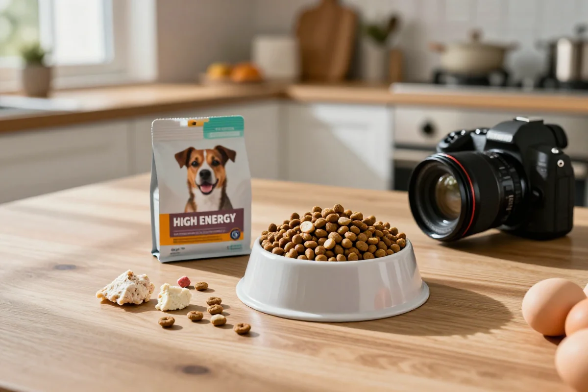 Små hundefôr med energitett kibble og ingredienser på kjøkkenbord.