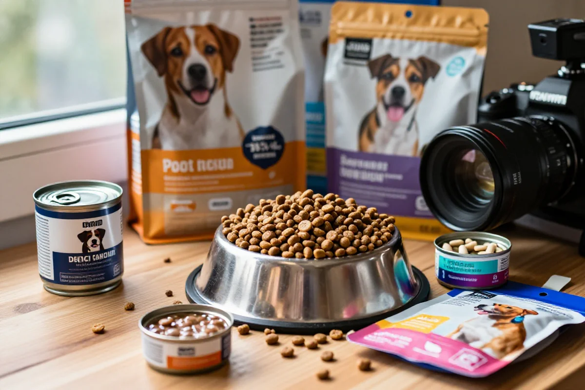 Variert hundefôr for valper med kibble, våtfôr og kosttilskudd.