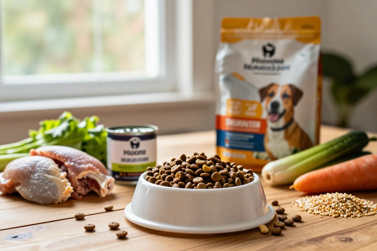 Næringsrik hundemat for diegivende tisper med kibble og ingredienser.