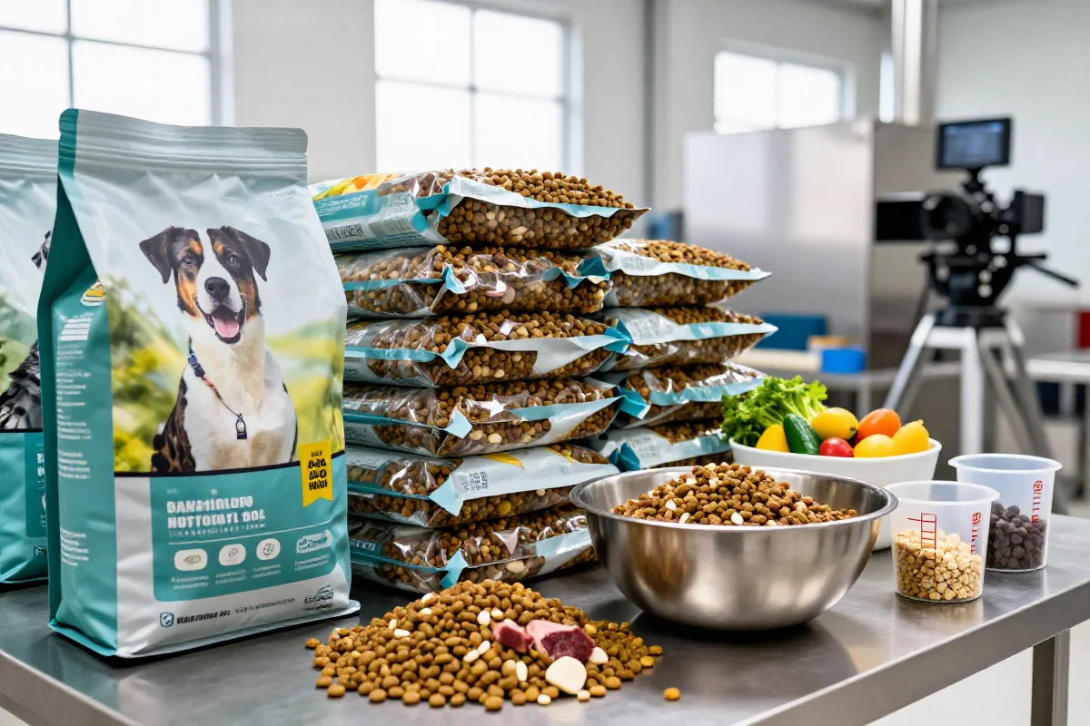 Produksjonsprosess for hundemat med ingredienser og kibble i et rent miljø.