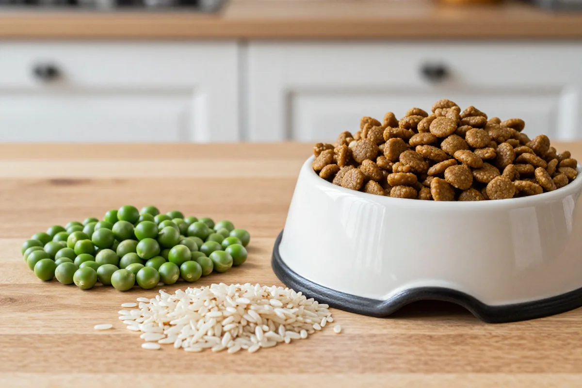 Nærbilde av hundematingredienser: erter og ris på kjøkkenbord.