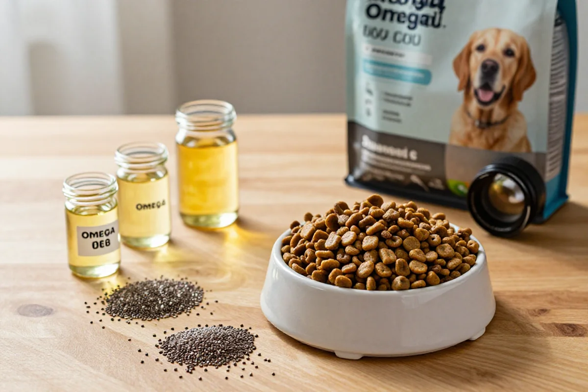 Hundemat ingredienser som omega-3 og omega-6 fettsyrer på et bord.
