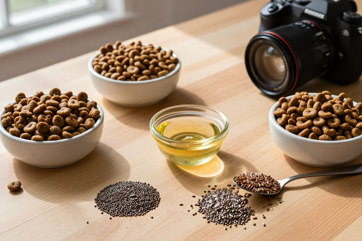 Bolle med hundemat og ingredienser rike på essensielle fettsyrer