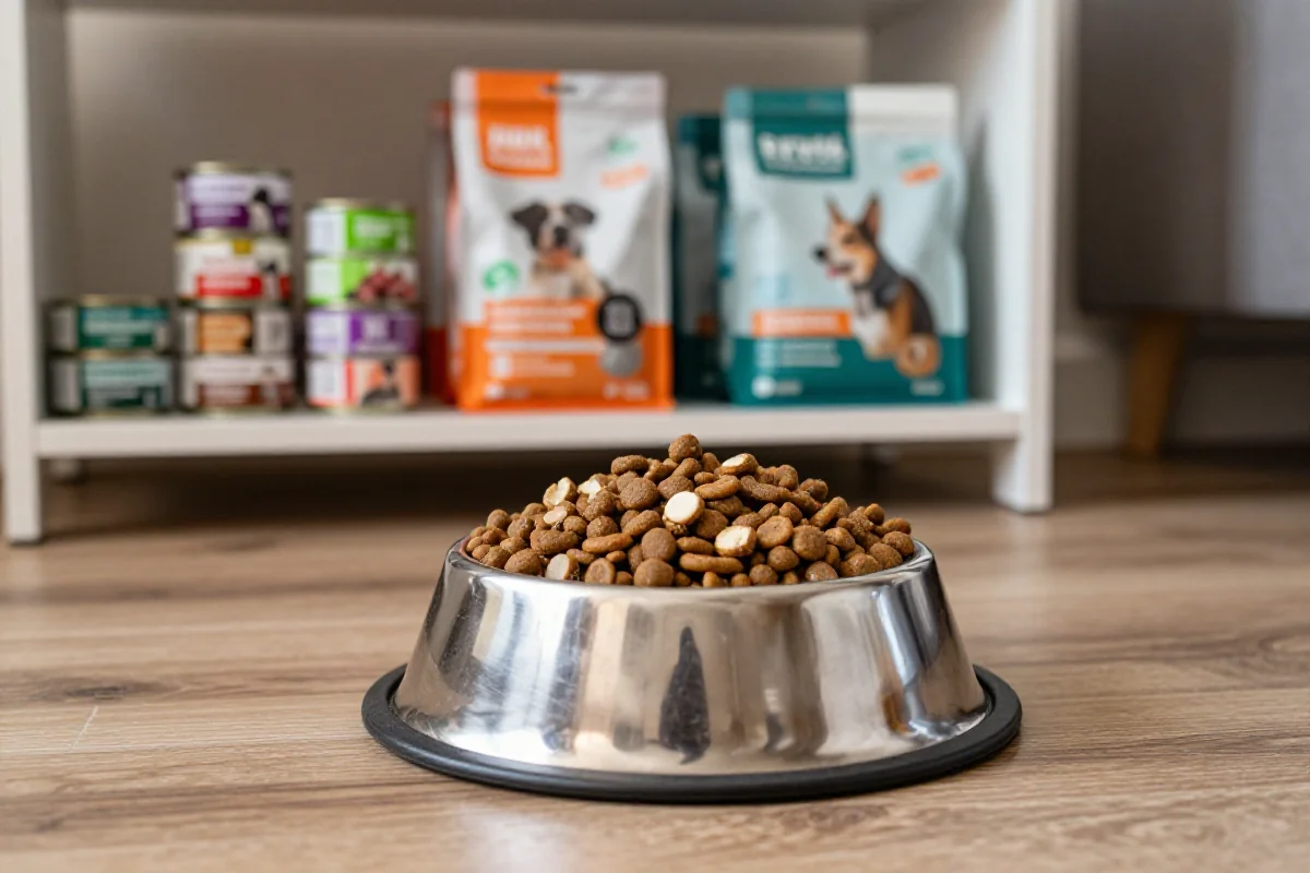 Hundematskål med tørrfôr og hundematprodukter i en koselig setting