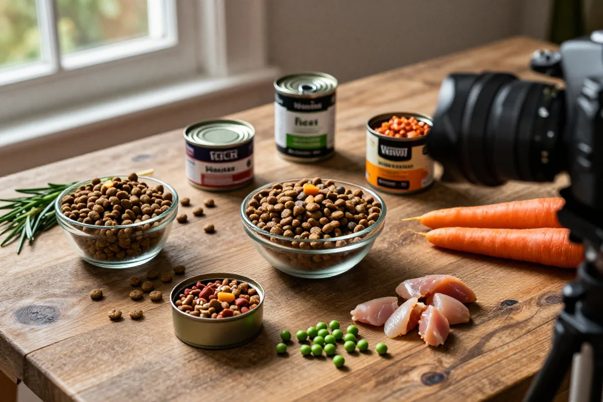 Variert hundemat og sunne ingredienser på et rustikt bord.