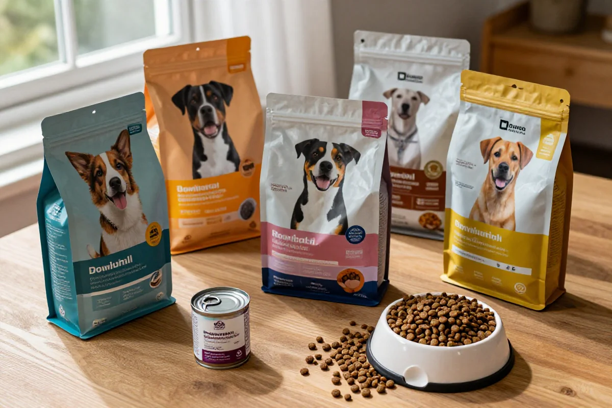 Variert hundemat med kibble, våtfôr og hundeskål på bordet