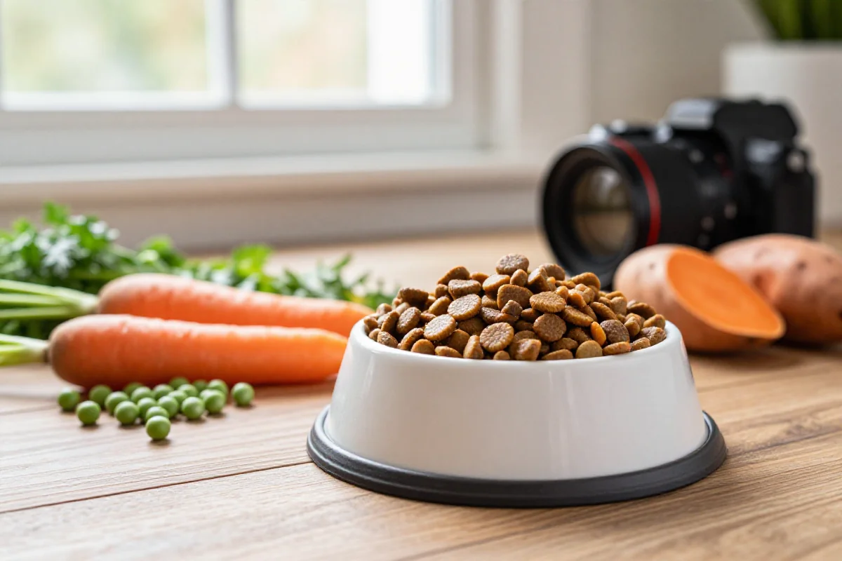 Hundematbolle med sunn tørrfôr og friske ingredienser for hundens fordøyelse.