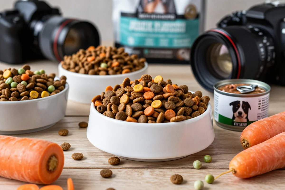 Fargerik hundemat med kibble og naturlige ingredienser på en treoverflate.