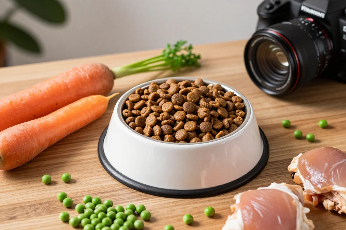 Hundeområde med skål med tørrfôr og friske ingredienser for hundemat.