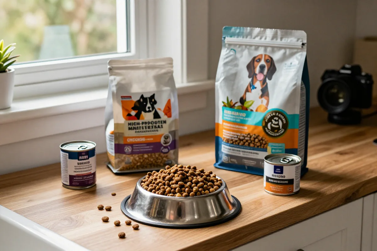 Et utvalg av hundematprodukter på kjøkkenbenken for hundens ernæring.