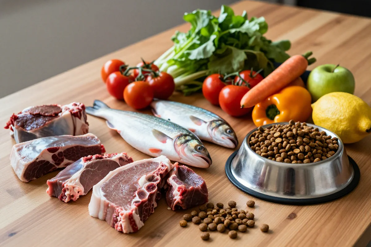 Friske ingredienser til hundemat med kjøtt, fisk, grønnsaker og tørket mat.