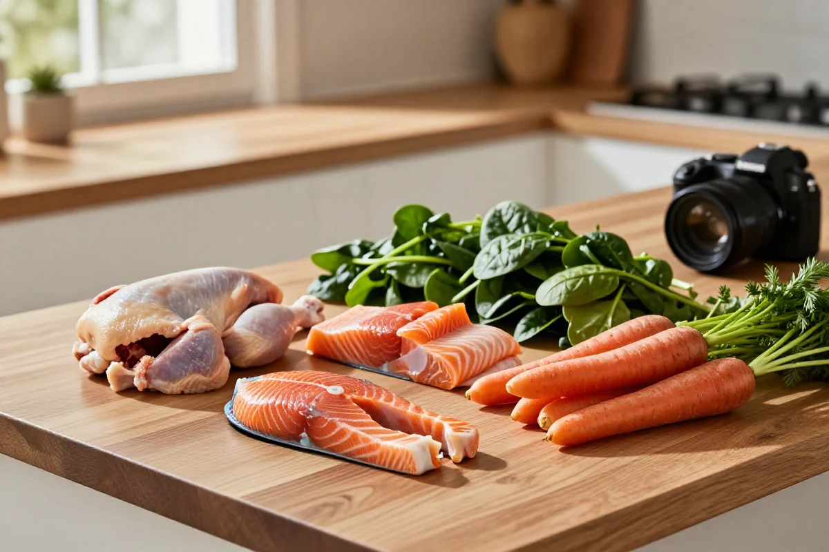 Ferske ingredienser for hundemat som kylling, laks, gulrot og spinat.