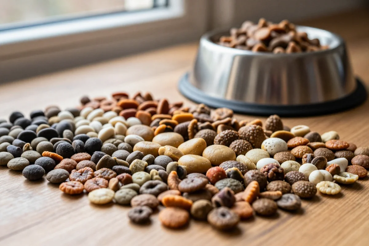 Variert hundemat med kibble og våtfôr på en treoverflate.