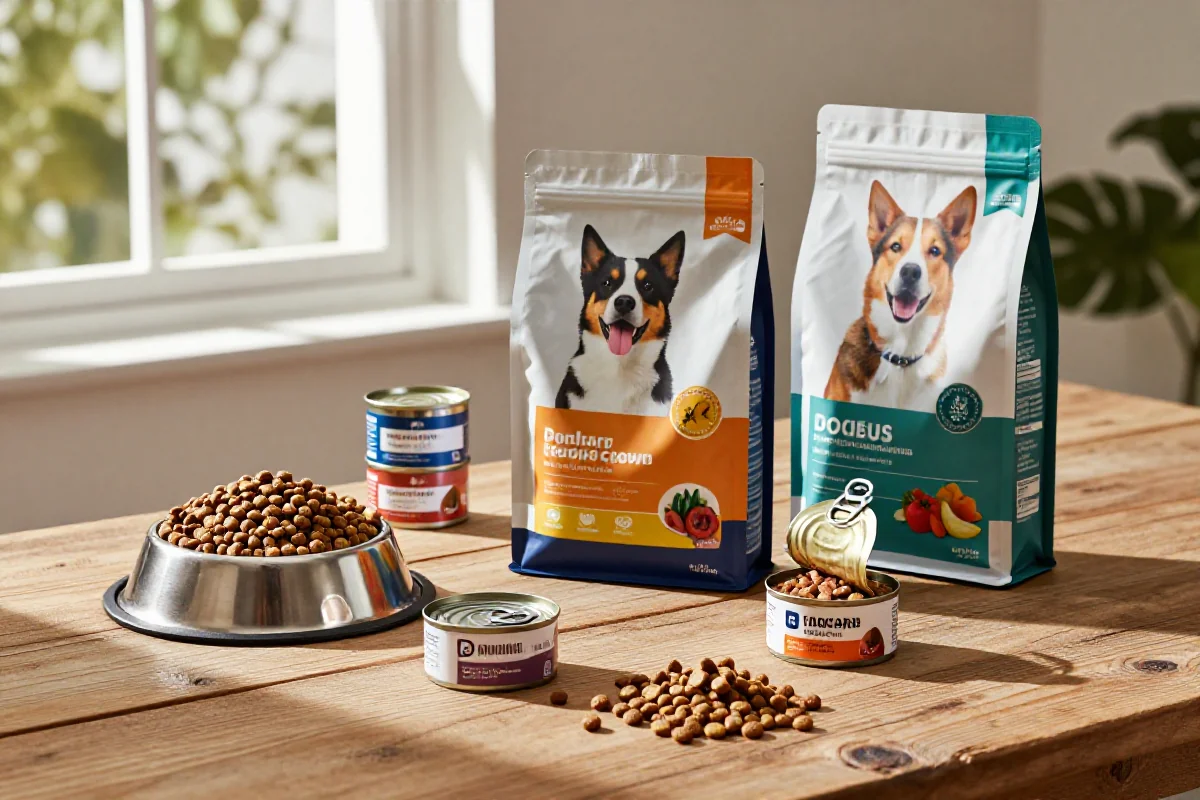 Ulike hundematprodukter med kibble og våtmat på et trebord.
