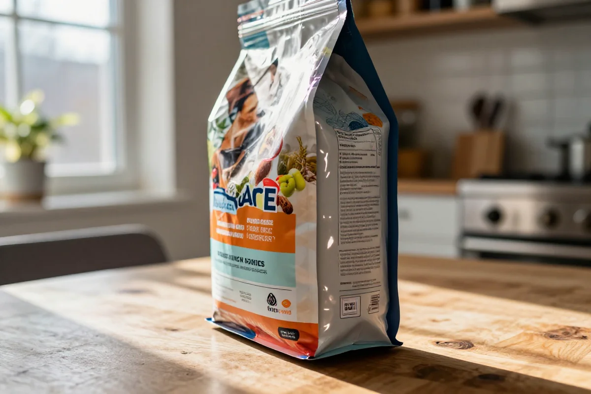 Nærbilde av hundematpakke med batch-kode og ingredienser, naturlig lys.