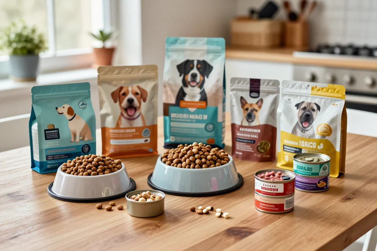 Variert hundemat for senior hunder med kibble og våtfôr på kjøkkenbordet.