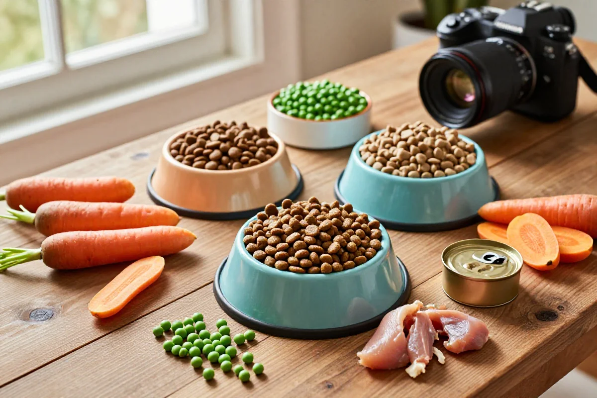 Hundemat i skåler med ferske ingredienser og tørrfôr for hunder.