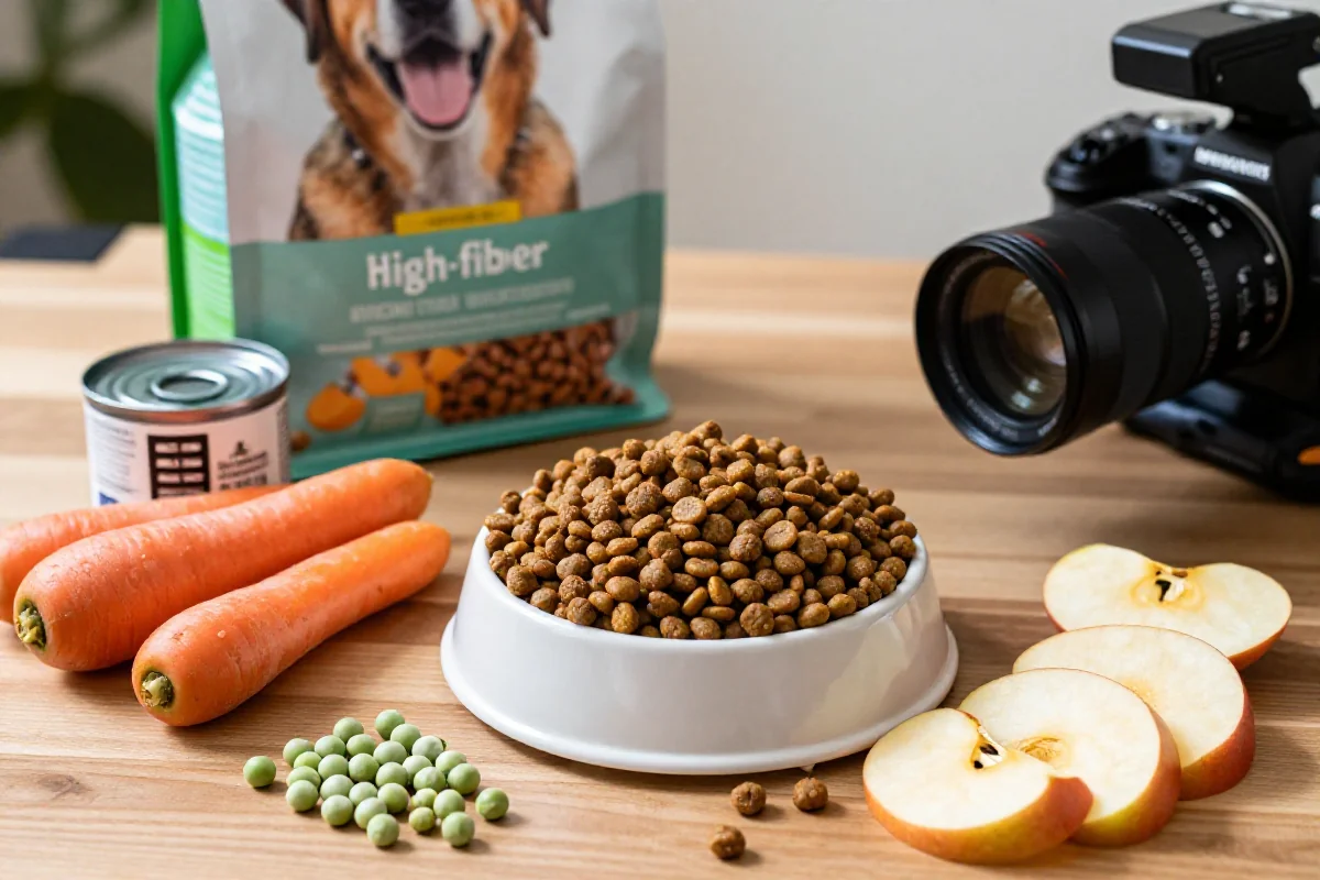 Bolle med høyfiber hundefôr, omgitt av friske grønnsaker og frukt.