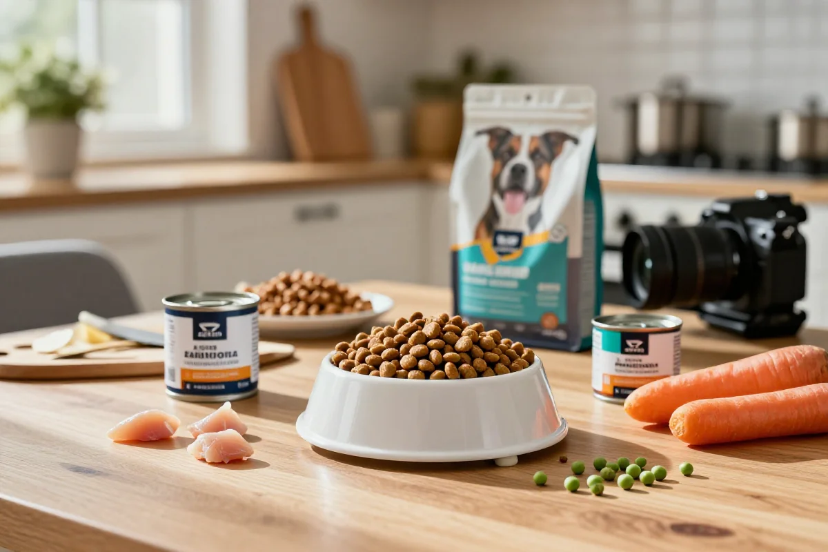 Variert hundemat med kibble, våtfôr og friske ingredienser.
