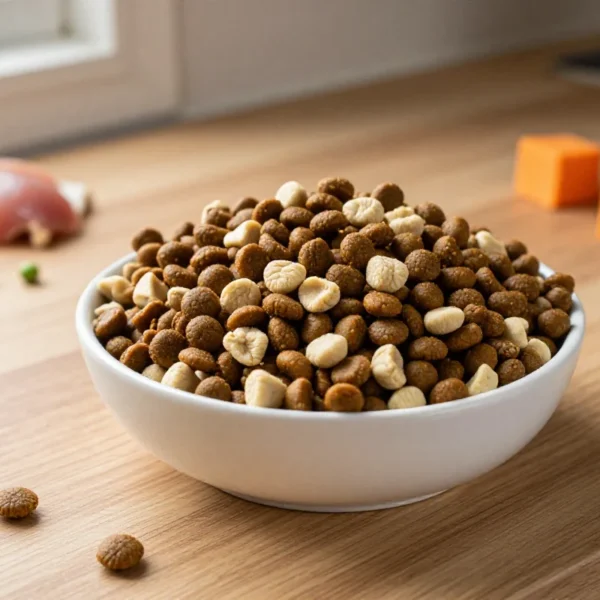 Bolle med tørrfôr til hunder med næringsrike ingredienser i bakgrunnen.