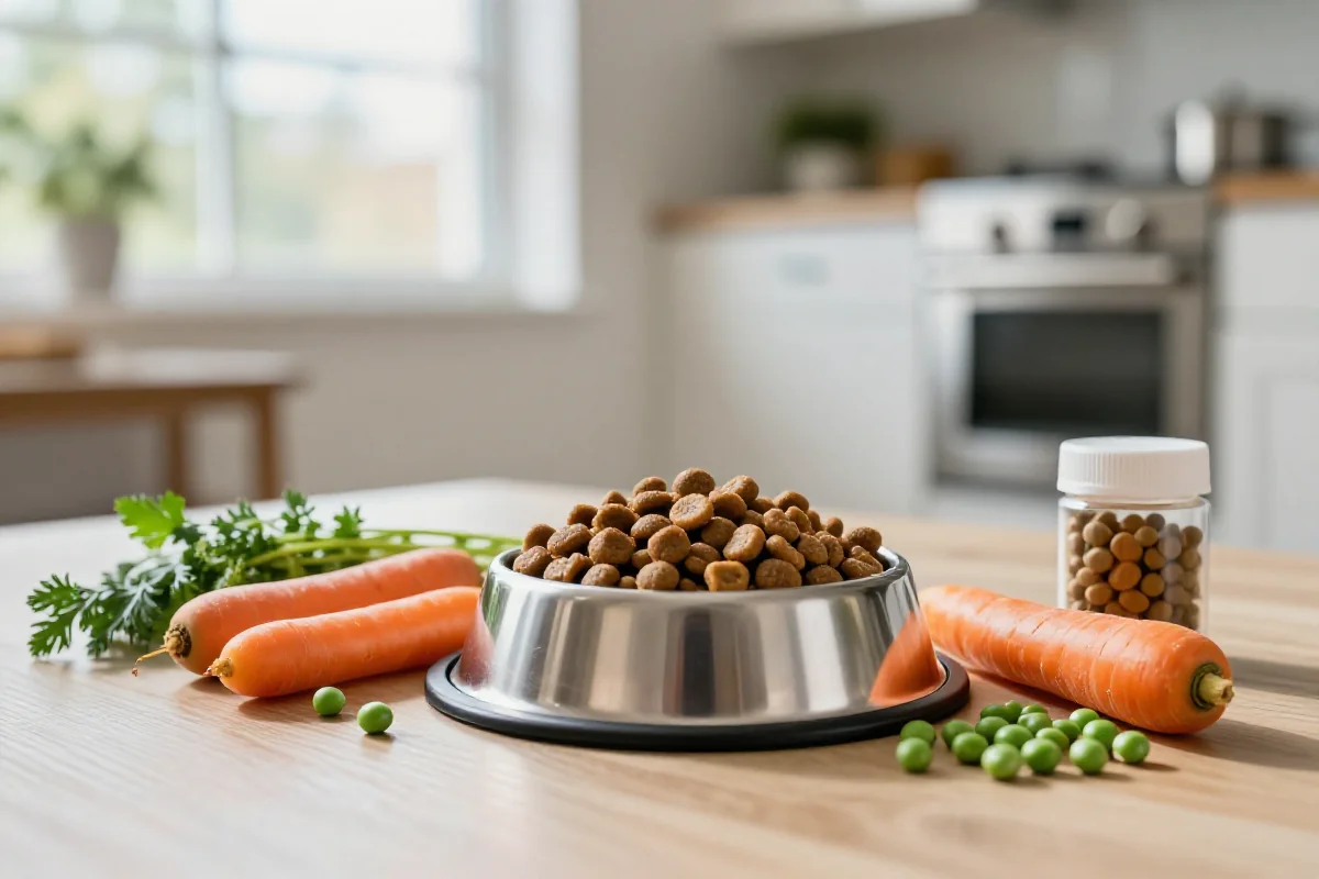 Hundeernæring med kibble og grønnsaker for forebygging av bloat hos store hunder.