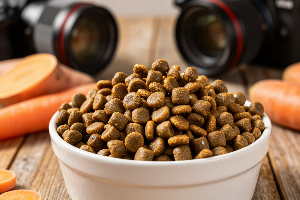 Skål med tørr hundemat og ferske ingredienser for minihunder