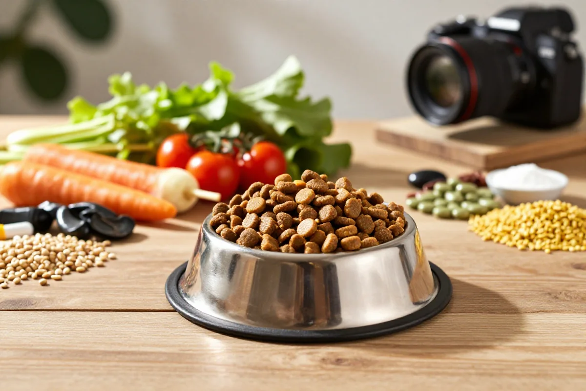 Hundemat med kibble, grønnsaker og kosttilskudd på bordet.