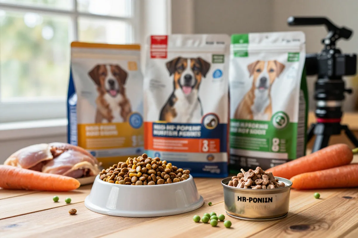 Hundefôr for diegivende tisper med kibble og våtfôr, friske ingredienser.