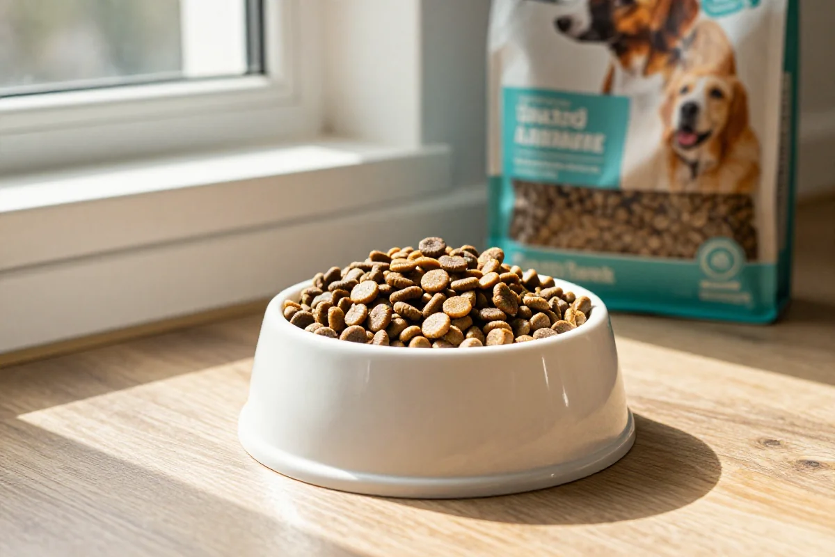 Moderne hundematsstasjon med tørrfôr i skål og pakkemateriale.