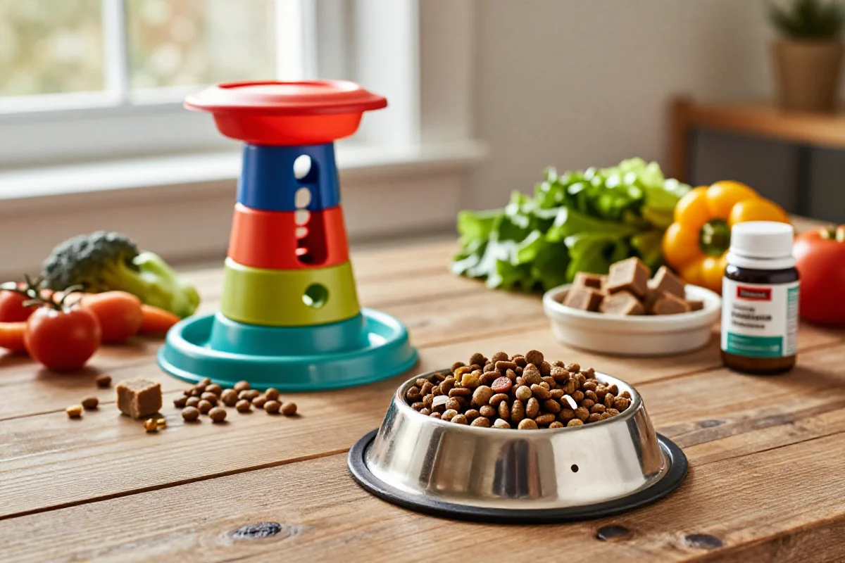 Variert fôringsutstyr for hunder med skål, puzzle feeder og naturlige ingredienser.