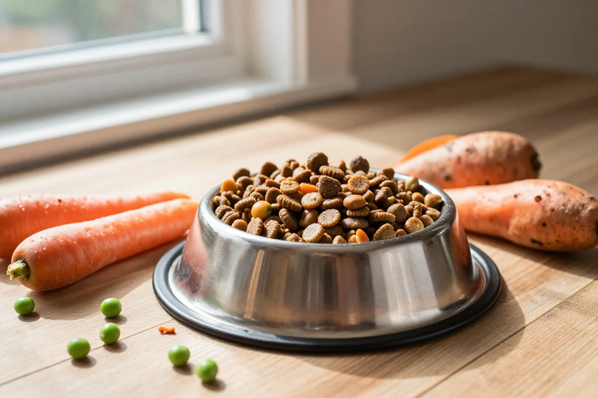 Hundematsstasjon med tørrfôr, friske ingredienser og naturlig belysning.