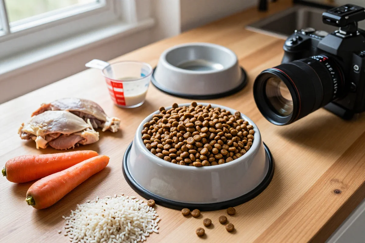Hundeernæring: Bolle med tørrfôr og friske ingredienser på kjøkkenbordet.