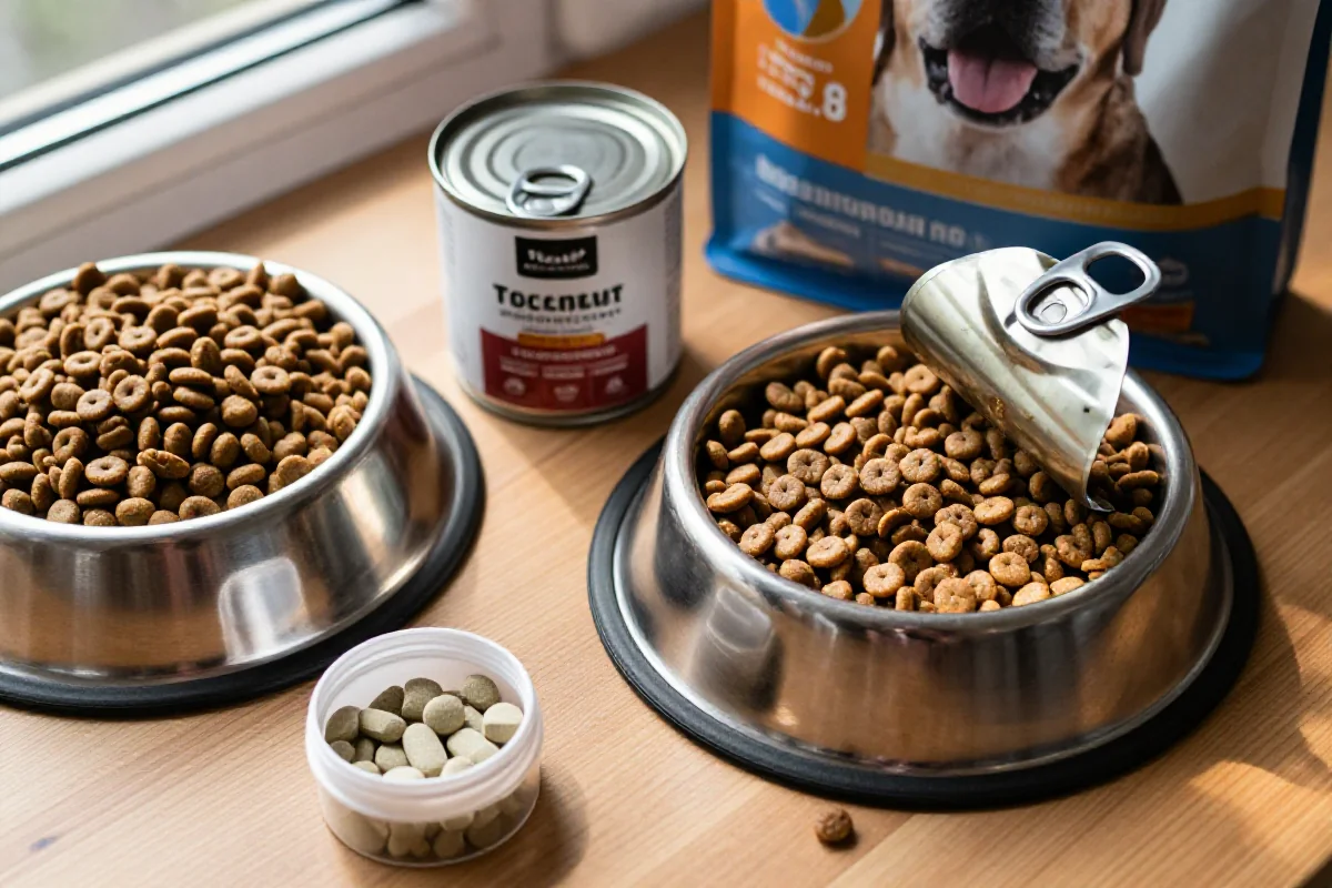 Nærbilde av forskjellige hundematprodukter på en treoverflate.
