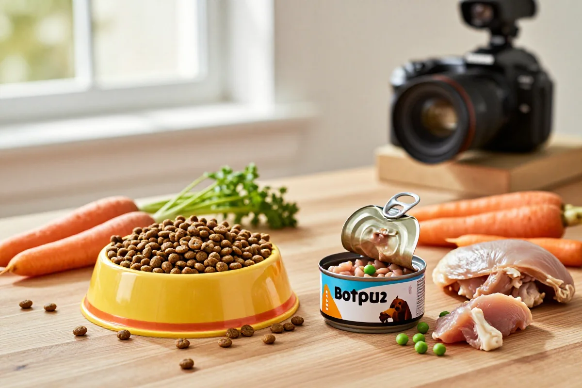 Variert hundemat som inkluderer tørrfôr, våtfôr og friske ingredienser.