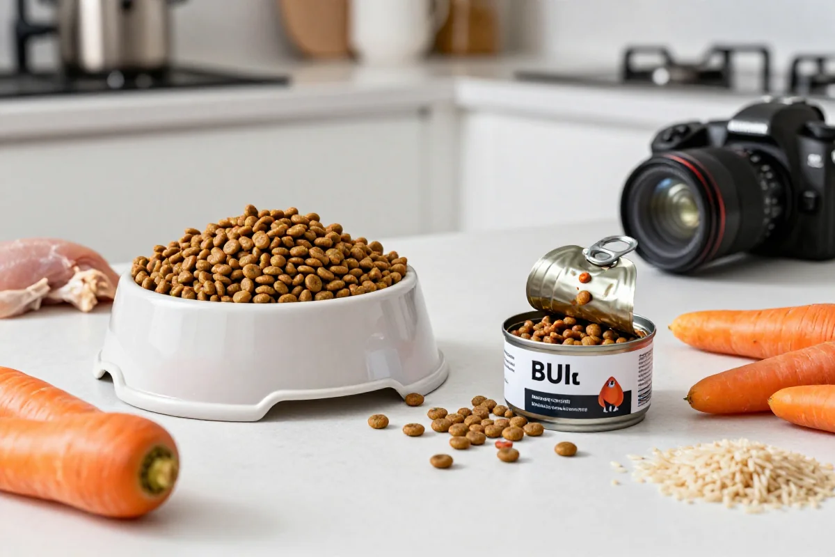 Hundefôr og ingredienser for sunn hundemat i moderne kjøkken.