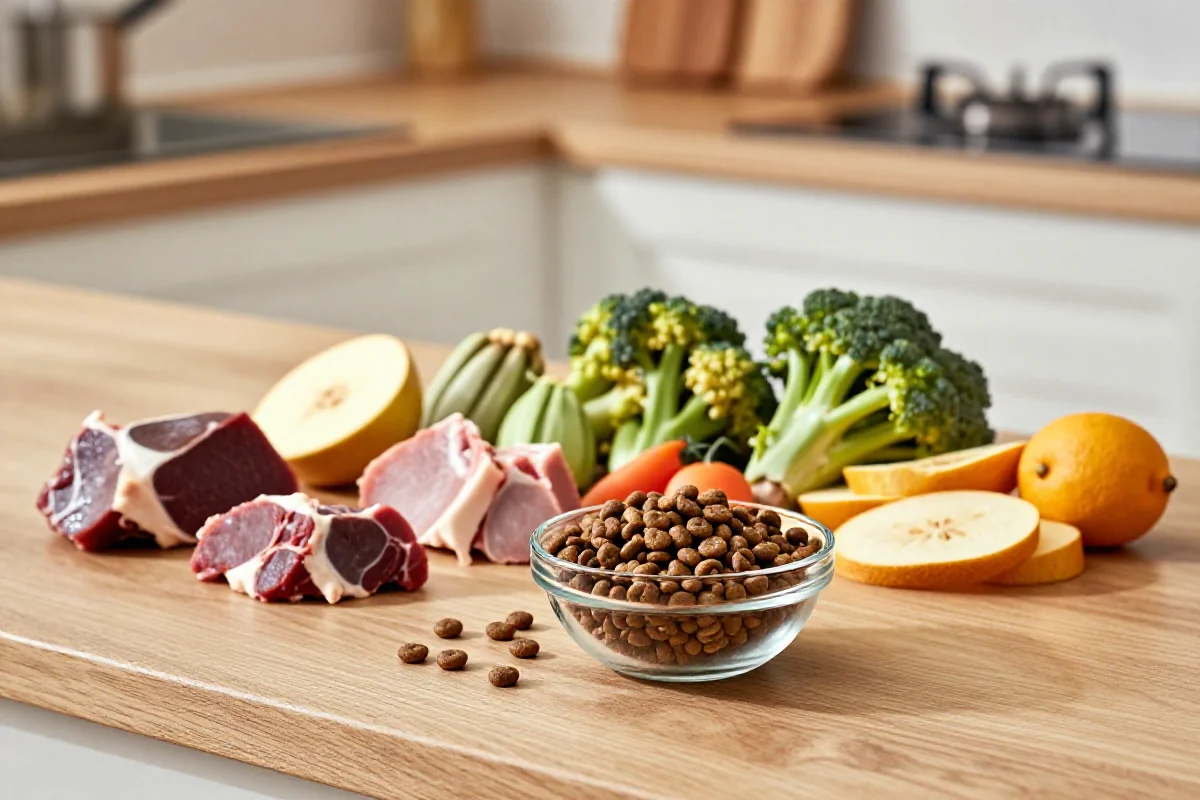 Frysetørket hundemat og ferske ingredienser på kjøkkenbenken.