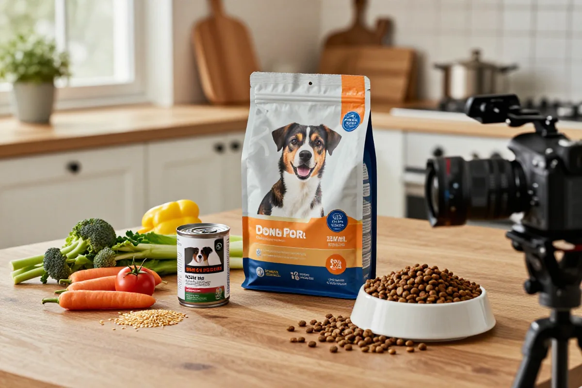 Fôrtilbehør og hundemat for hundeeiere på et kjøkkenbord.